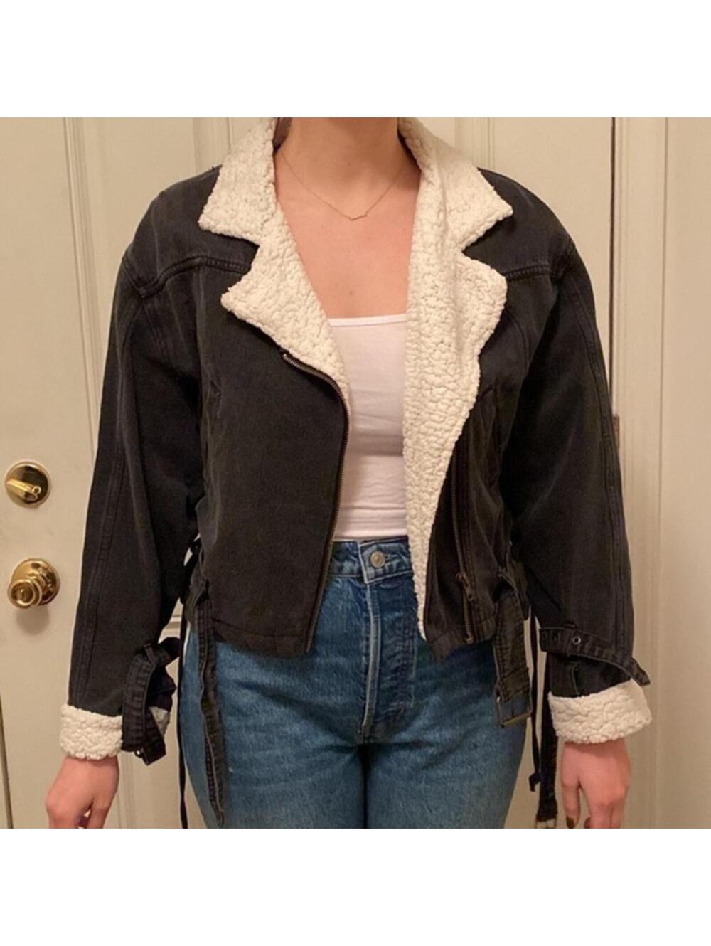 Zara Cropped Black Denim Sherpa Moto Jacket - Size Medium